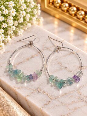 Silver Tone Gemstone Chip Hoop Dangle Earrings Multicolor Boho - Fashion Jewelry